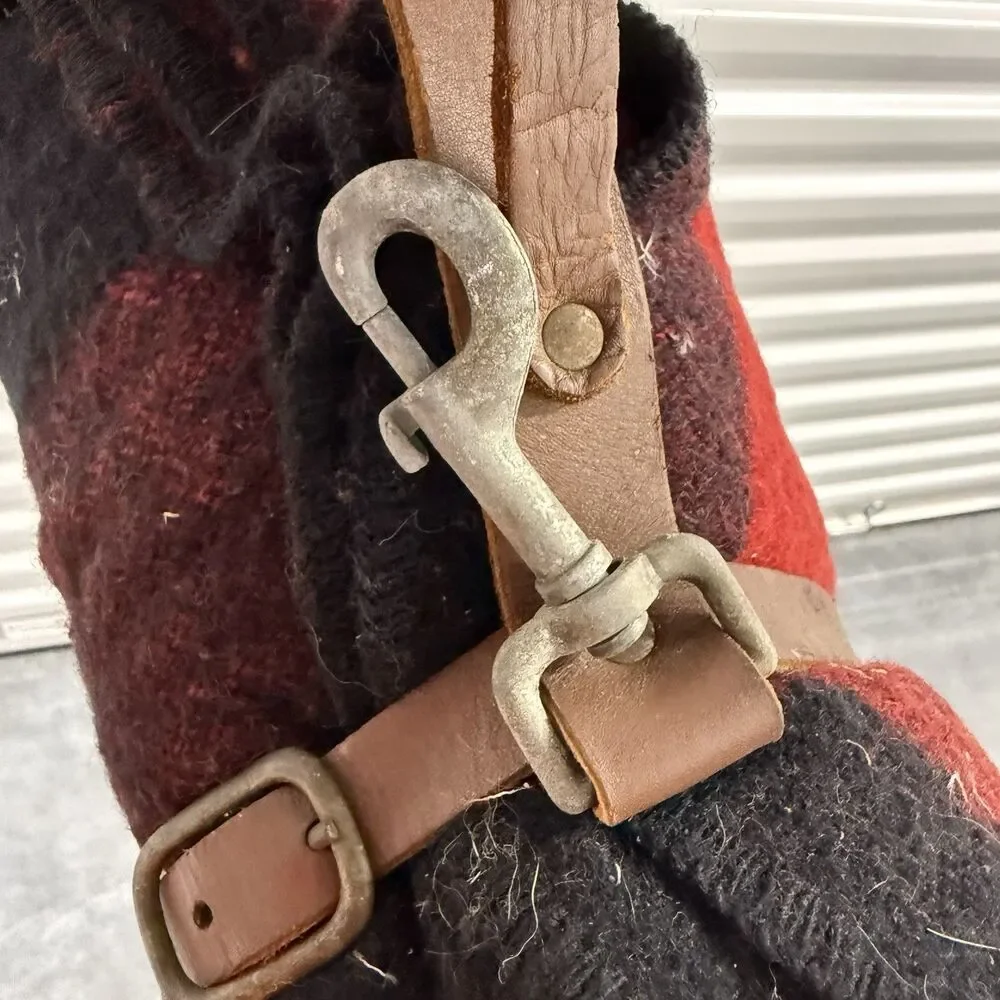 Vtg Marlboro Country Store Wool Blanket Buffalo Check Leather Brass Strap ~70x60